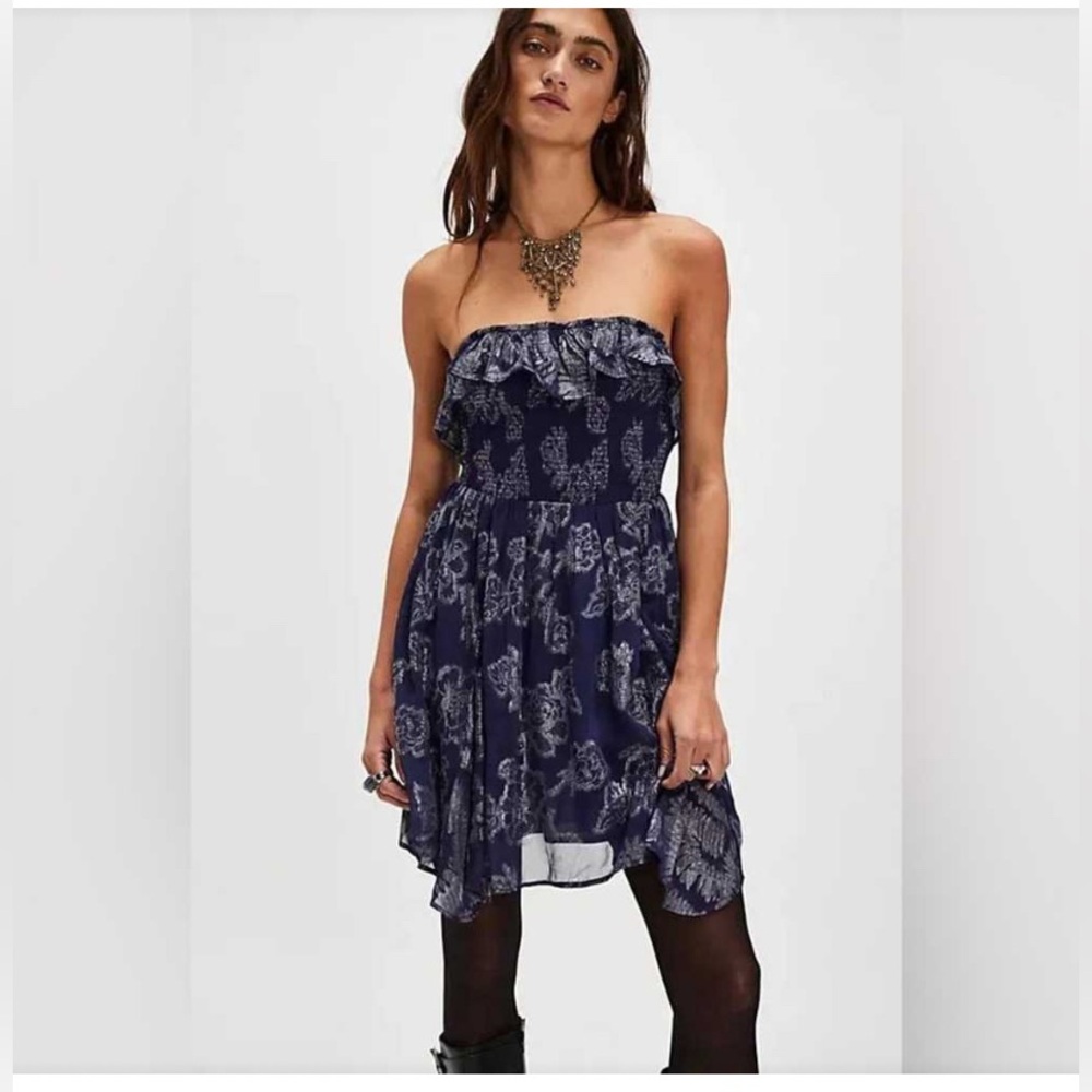 Free People Metallic Ruffle Gardenia Mini Dress - ( Navy) XS
